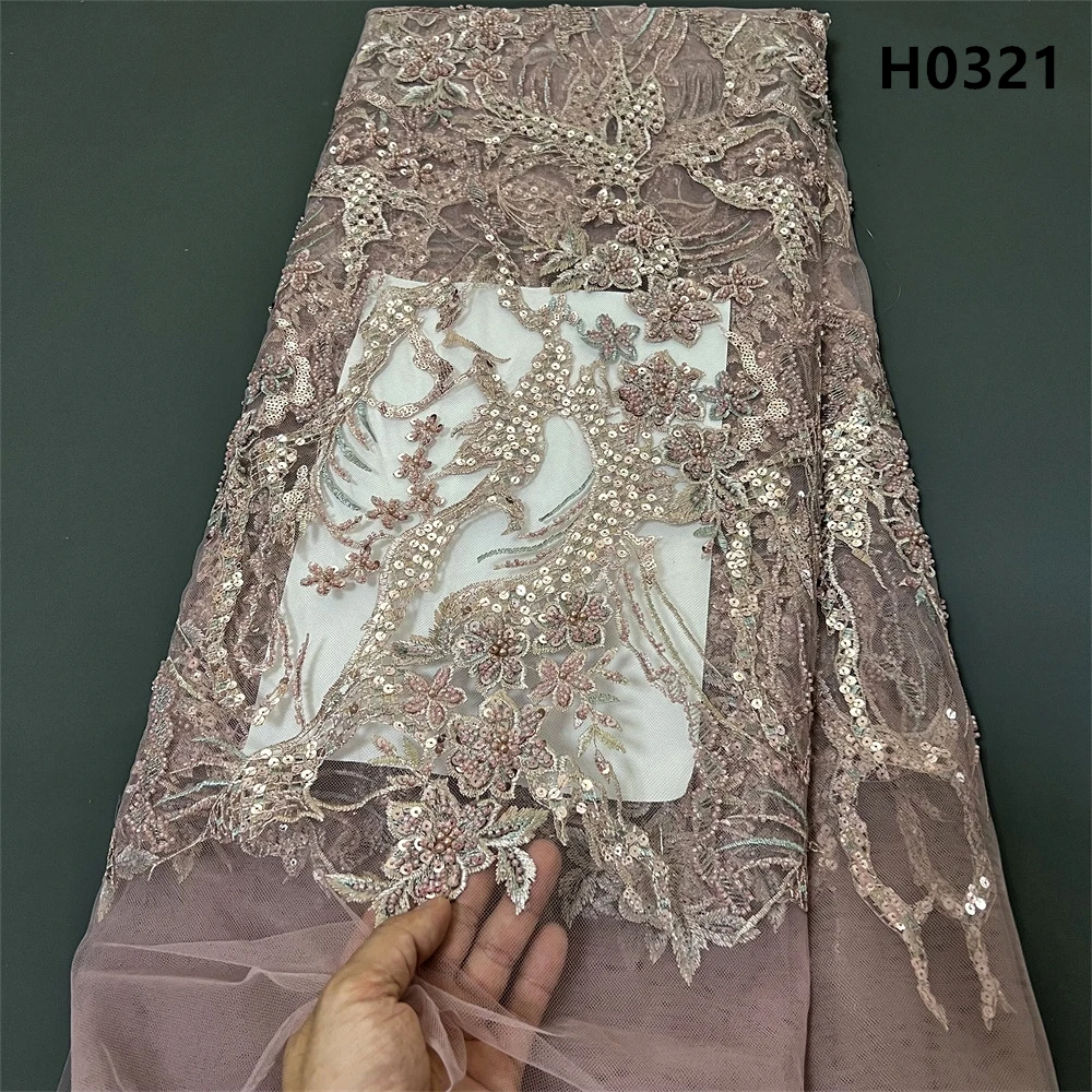 2024 African Nigeria High Quality Tulle Lace Fabric Sequins Embroidery Wedding Party Guipure Dress Beads Stone 5Yards H0321