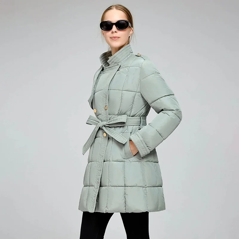 

Streetwear Cotton-padded Jacket Women's Double-breasted Parkas Winter Coats Fashion Stand-up Collar Sashes Slim Warm Outerwear
