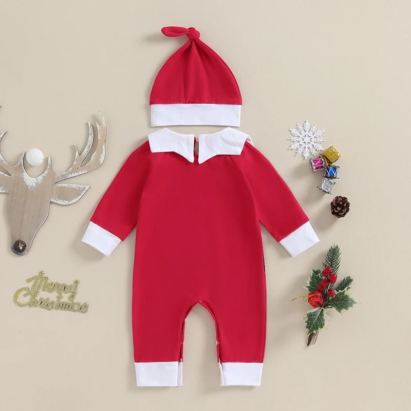 My First Christmas Outfit Newborn Baby Santa Elf Costume Long Sleeve Romper Jumpsuit with Hat Xmas Dress-Up Clothes