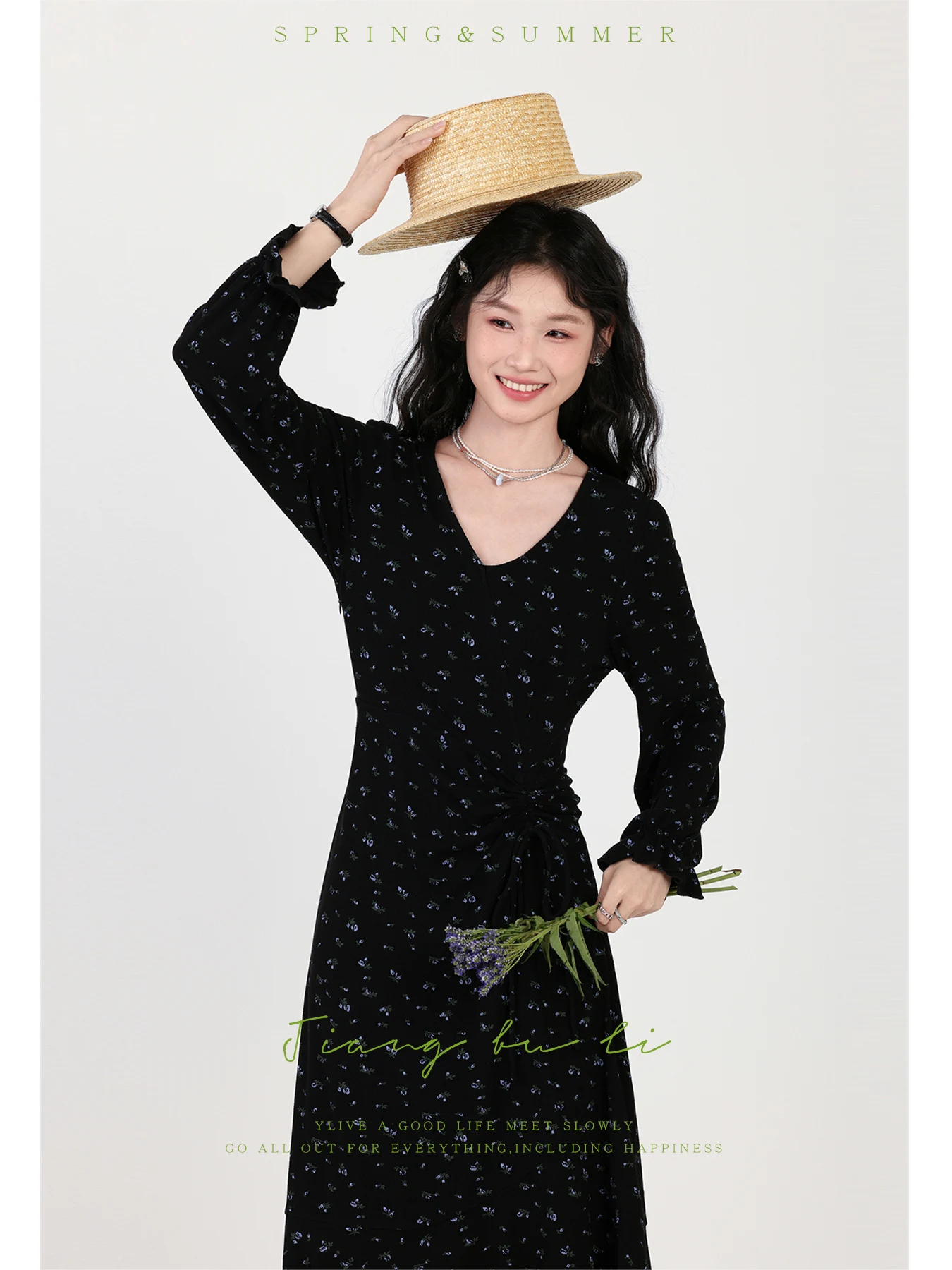 ALXNAN Damenkleid Schwarz Floral Lange A-Linie V-Ausschnitt Kleider 2025 Herbst Elegante Urlaub Langarm Kleidung Weiblich DYL661155