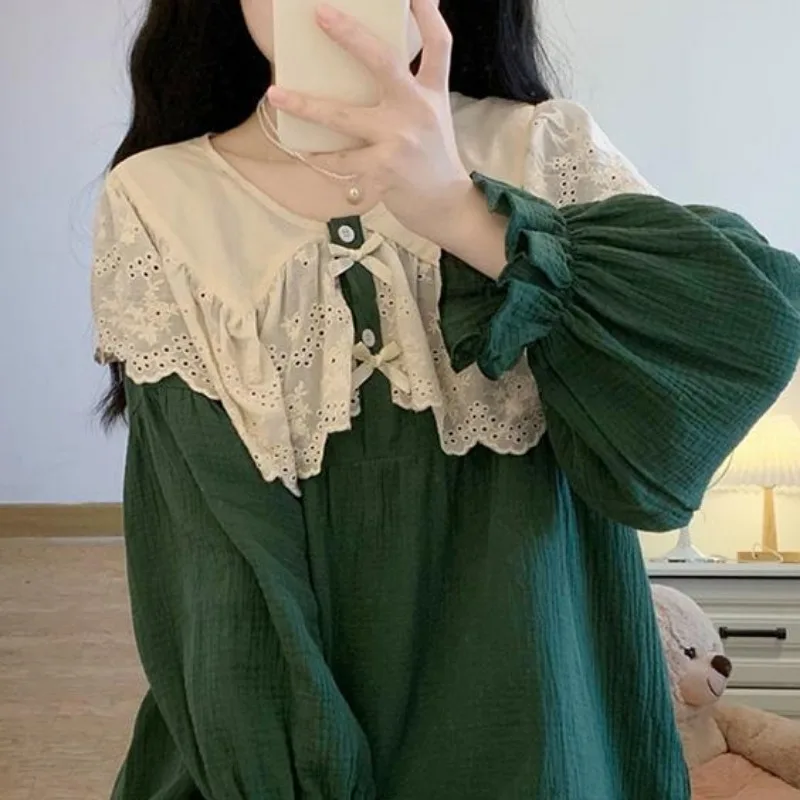 Pyjama en coton à manches longues avec col beurre vert, vêtements de nuit en dentelle, ensemble de chemise de nuit grande taille, vêtements de