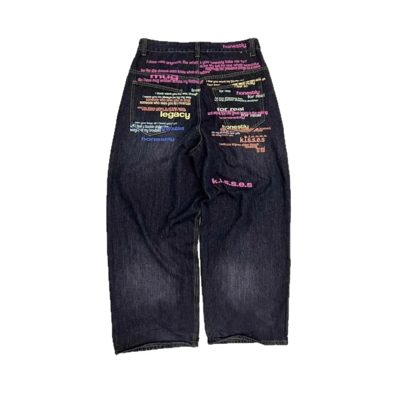 Hksh primavera outono novo homem na moda vintage carta impressão jeans chique hip-hop angustiado em linha reta perna larga y2k calças hk14122