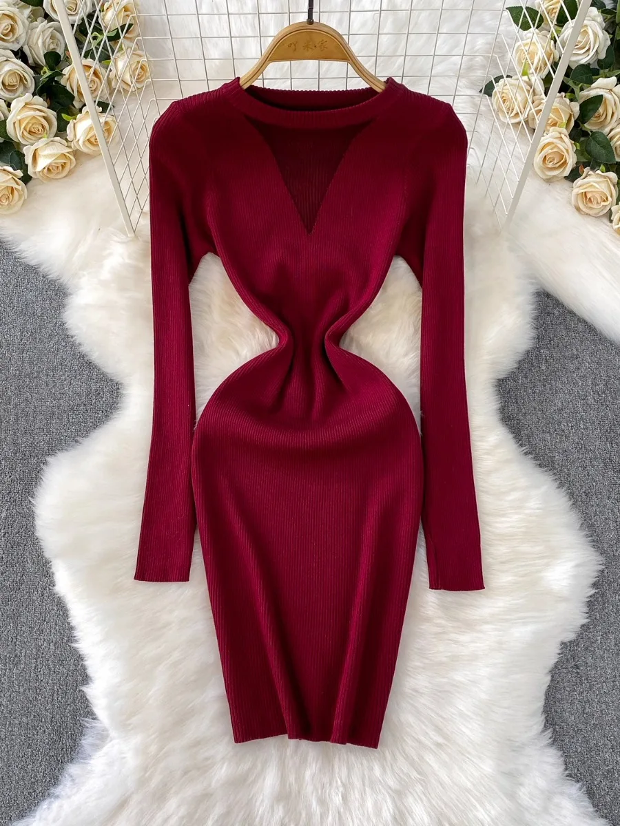Foamlina Feminine Sexy Sheer V Neck Long Sleeve Knit Dress Women Winter Body Sculpting Slim Fit Bodycon Midi Skirt