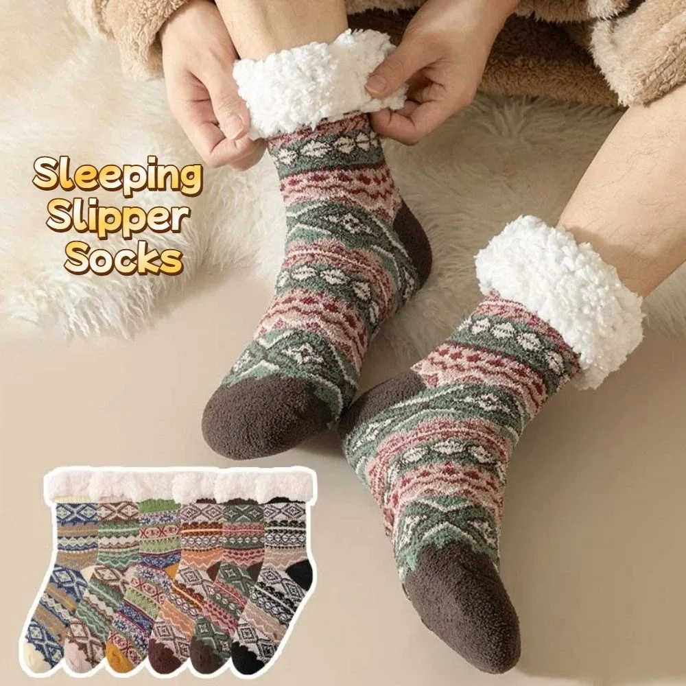 

Retro Plush Thick Thermal Socks Mid Tube Ethnic Style Floor Socks Anti Slip Thicken Warm Sleeping Socks Gifts