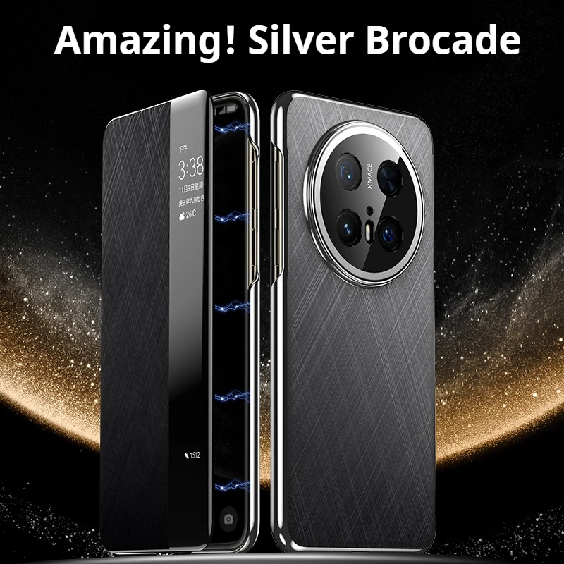 

For HUAWEI Mate 70 60 Pro Smart View Wake Sleep Call ID Display Luxury Silver Brocade Style Leather Flip Cover Case