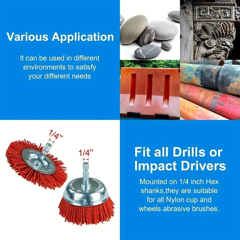 Abrasive Brushes 1/4 Inch Hex Shank 9-Piece Set  Abrasive Wire Brush Wheel Nylon Filament Drill Wheel Cup Brush Versatile