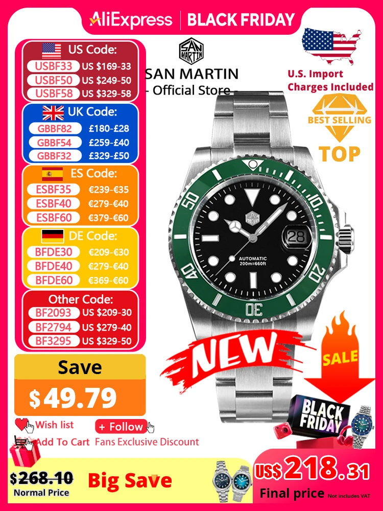 San Martin Nuovo 40mm Water Ghost Diver Orologio da uomo di lusso NH35 PT5000 Orologio meccanico automatico Zaffiro impermeabile 200m SN0017