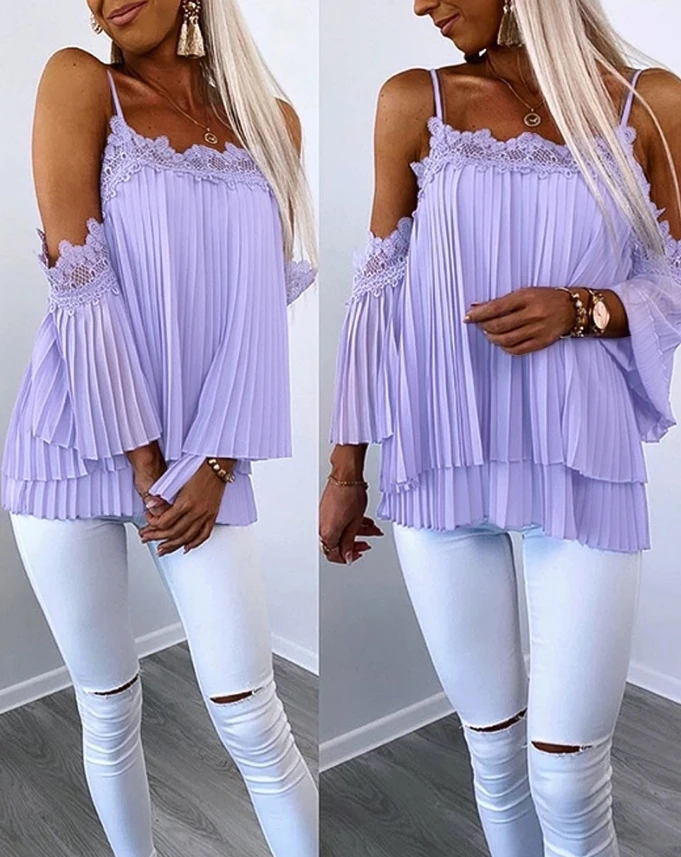 Women's 2024 Summer Fashion New Style Contrast Lace Ruched Cold Shoulder Chiffon Top Off Shoulder Sexy Loose Top