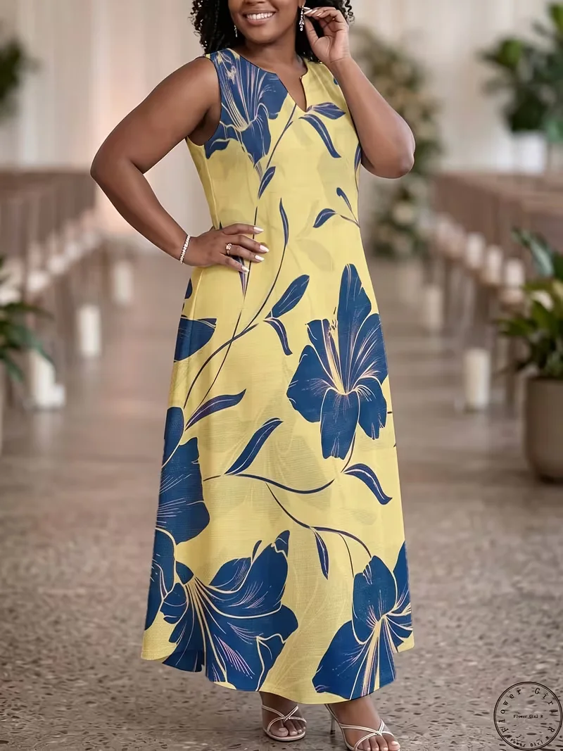 Geometry Pattern Elegant Women Long Dresses Summer Sleeveless Loose Maxi Dress Casual 3D Floral Print Party Dress Robe Sundress