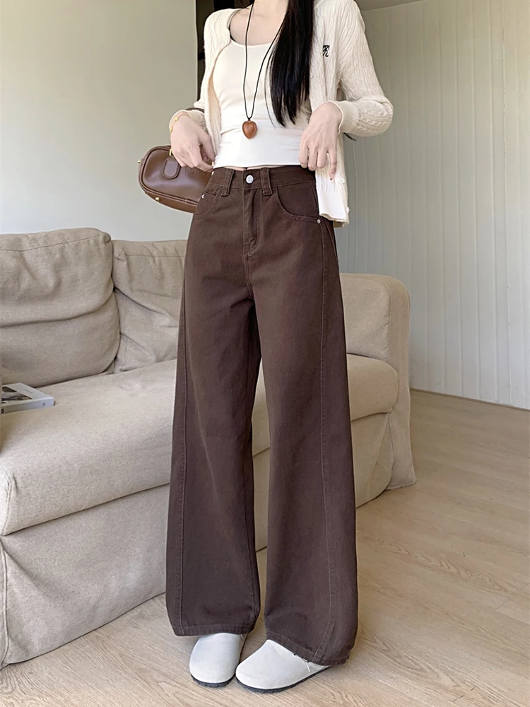 High Waist Wide Leg Jeans Women's Spring Design Sense Curved Blade Harrow Pants Coffee Color Denim High Waist Long Pants