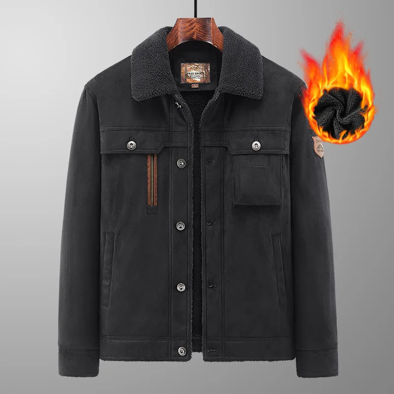 남성용 스웨이드 플리스 재킷 겨울 두꺼운 야외 작업복 캐주얼 라펠 양가죽 플리스 코트 트렌디하고 편안함