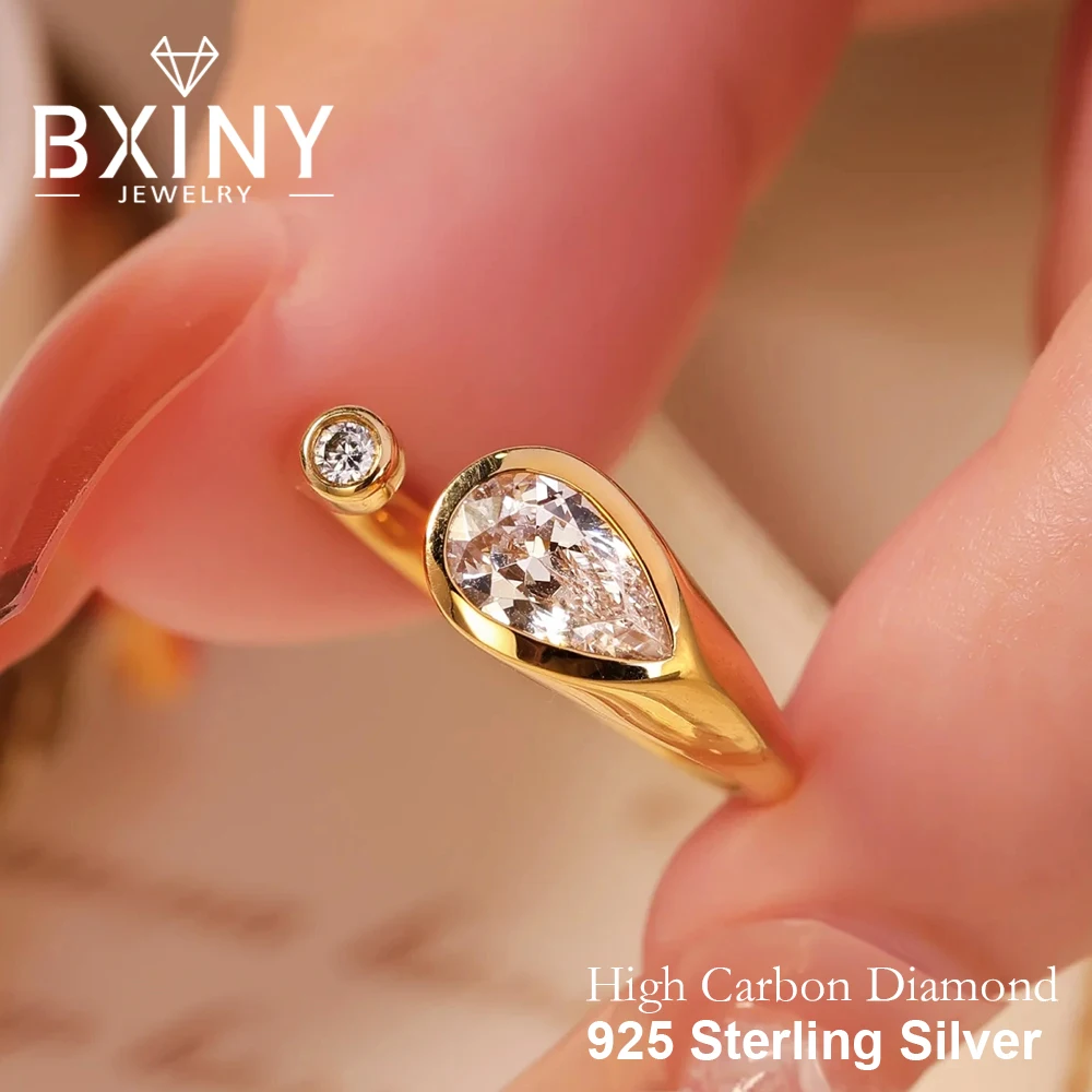 

BXINY Pear Cut Adjustable Rings S925 Silver 18K Gold Plated Bezel Set High Carbon Diamond For Women Open Engagement Band Jewelry