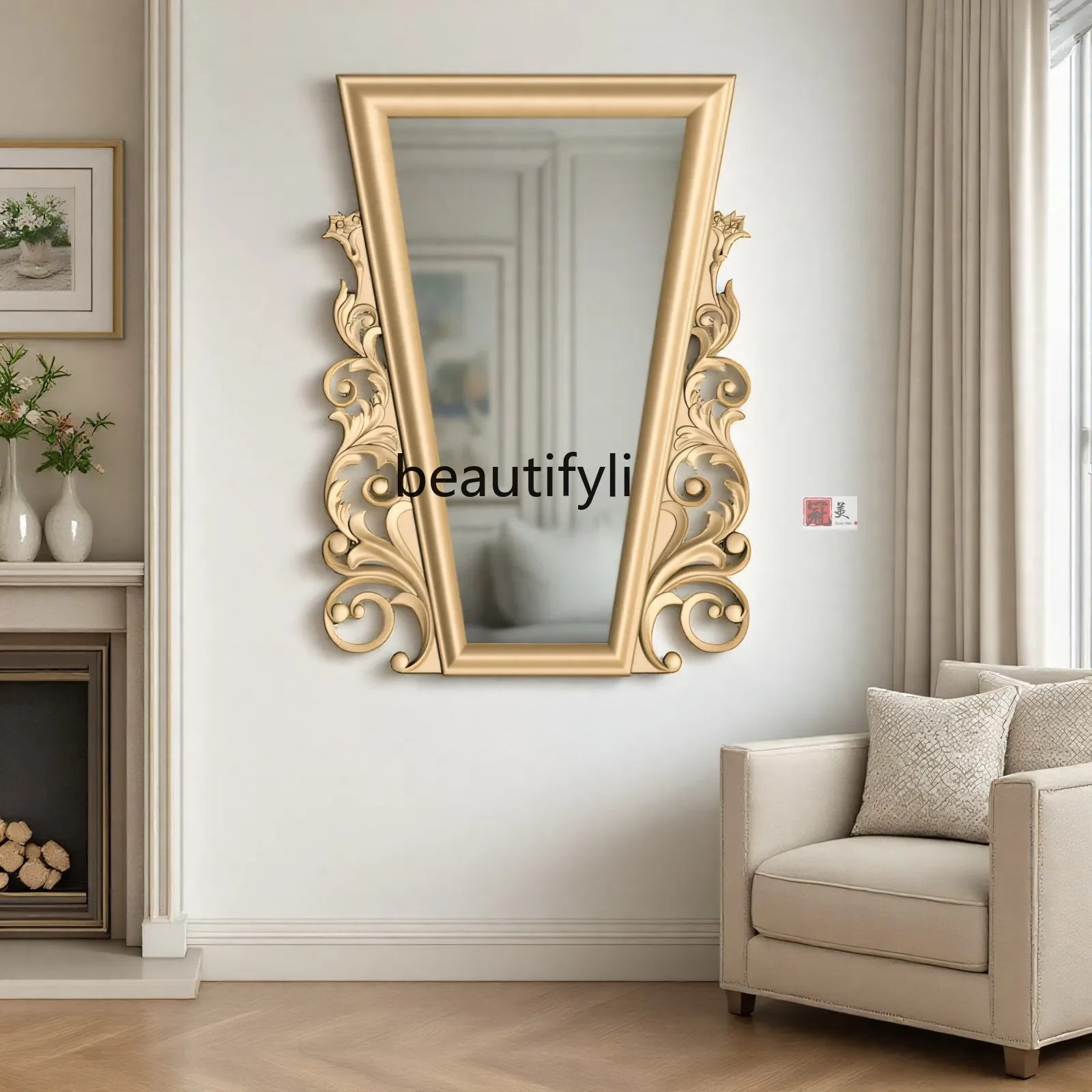 A17 Retro dresser wall-mounted mirror bedroomwooden carved living room entrance decorative mirror European-stylevilla hanging mi