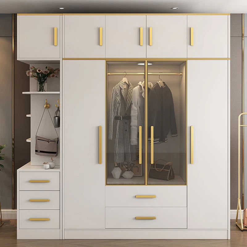 White Wardrobe Set Light Luxury Simple Bedroom Cabinet Glass Door Closet Home Furniture