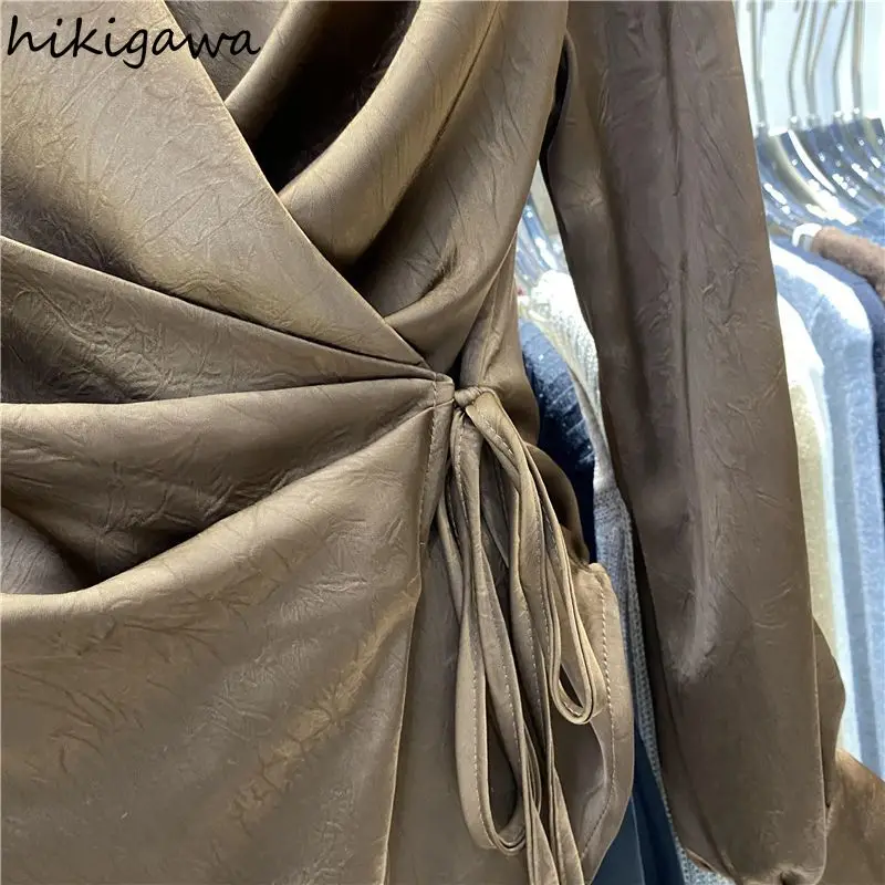 Temperament Camisas De Mujer Vintage Blouse Women Bandage V-neck Long Sleeve Shirts Solid Color Summer Irregular Blouses Tops