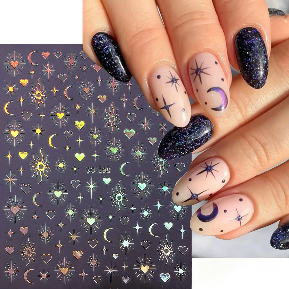 1/6pcs 3D Metallic Moon Sun Starburst Heart Nail Stickers Bronzing Gold Silvery Black White Laser Adhesive Nail Decal Nail Suppl