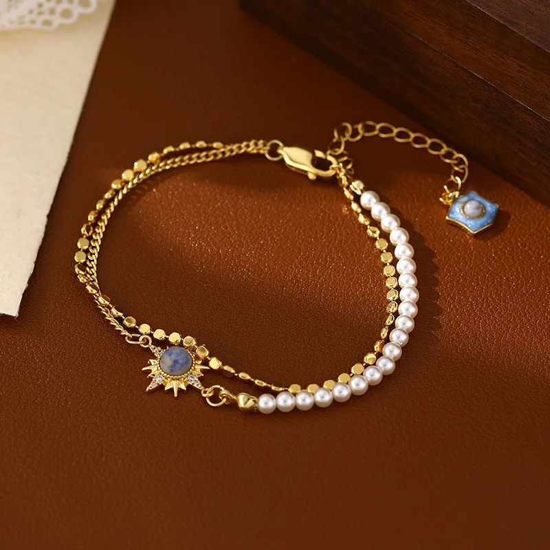 

Eight Point Star Bracelet - Real Gold Electroplated Celestial Charm Stackable Pearl Chain Elegant Boho Wrist Jewelry