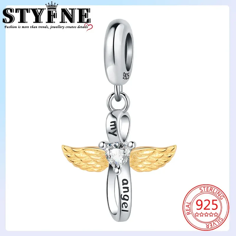 Animals Pets Beads 925 Sterling Silver Golden Angel Wings White Heart Zirconia Infinity Charms Bracelets Jewelry Gift