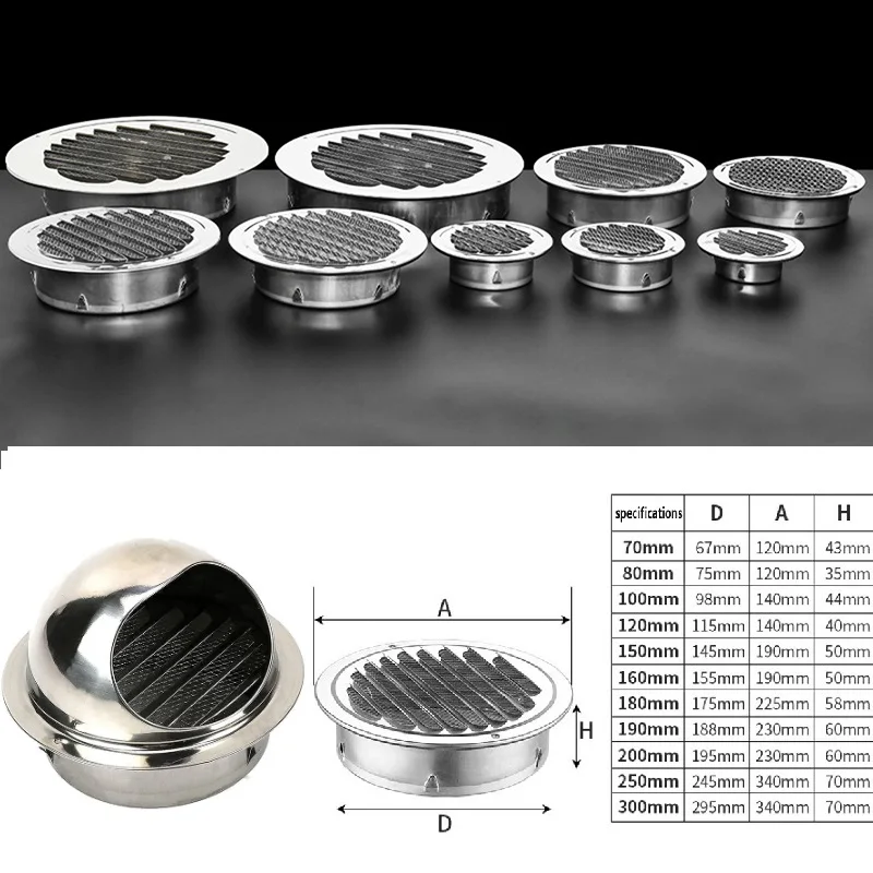 75-200MM 304 Stainless Steel Wall Air Vent Grille Exterior Round Ducting Ventilation Grilles Vent Cap Wall Air Vent Grille New