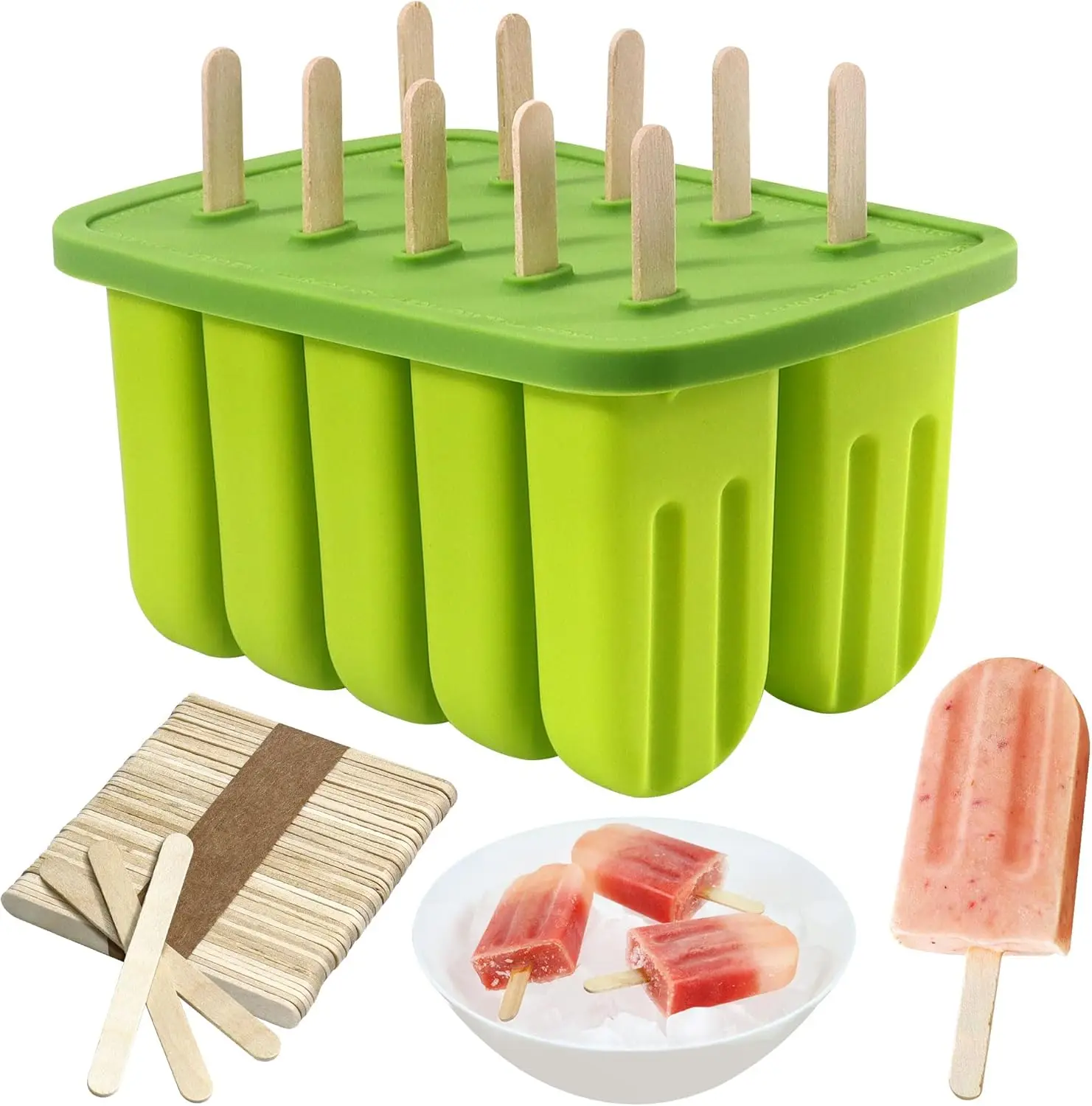 Eis am Stiel-Formen mit 10 Mulden, Silikon-Eis-Pop-Formen mit 50 Stäbchen, selbstgemachte Eis am Stiel-Eis-Pop-Maker, leicht zu lösende Eisformen