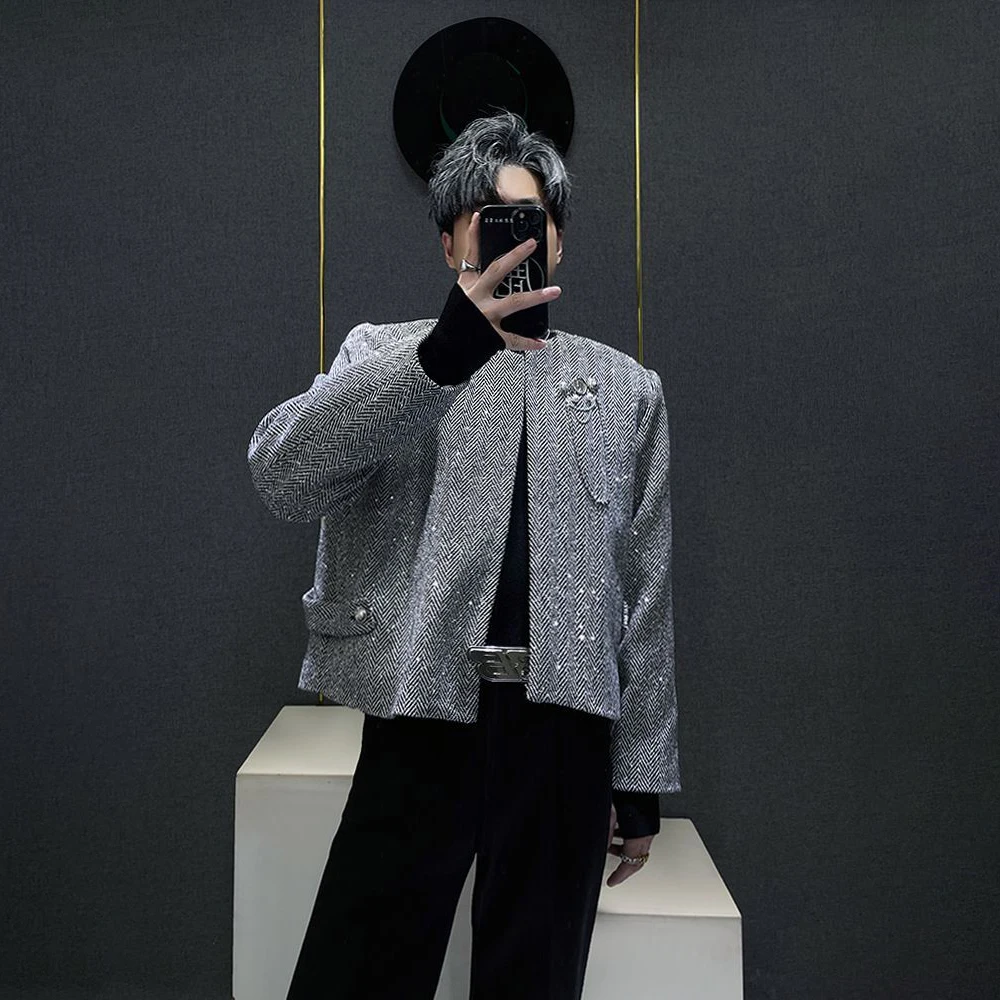 Mens Spring Jacket Ballroom Casual Jacket Streetwear Fashion Nightclub Stage Performance Top 2026 (Only Pearls No Chest Armband)