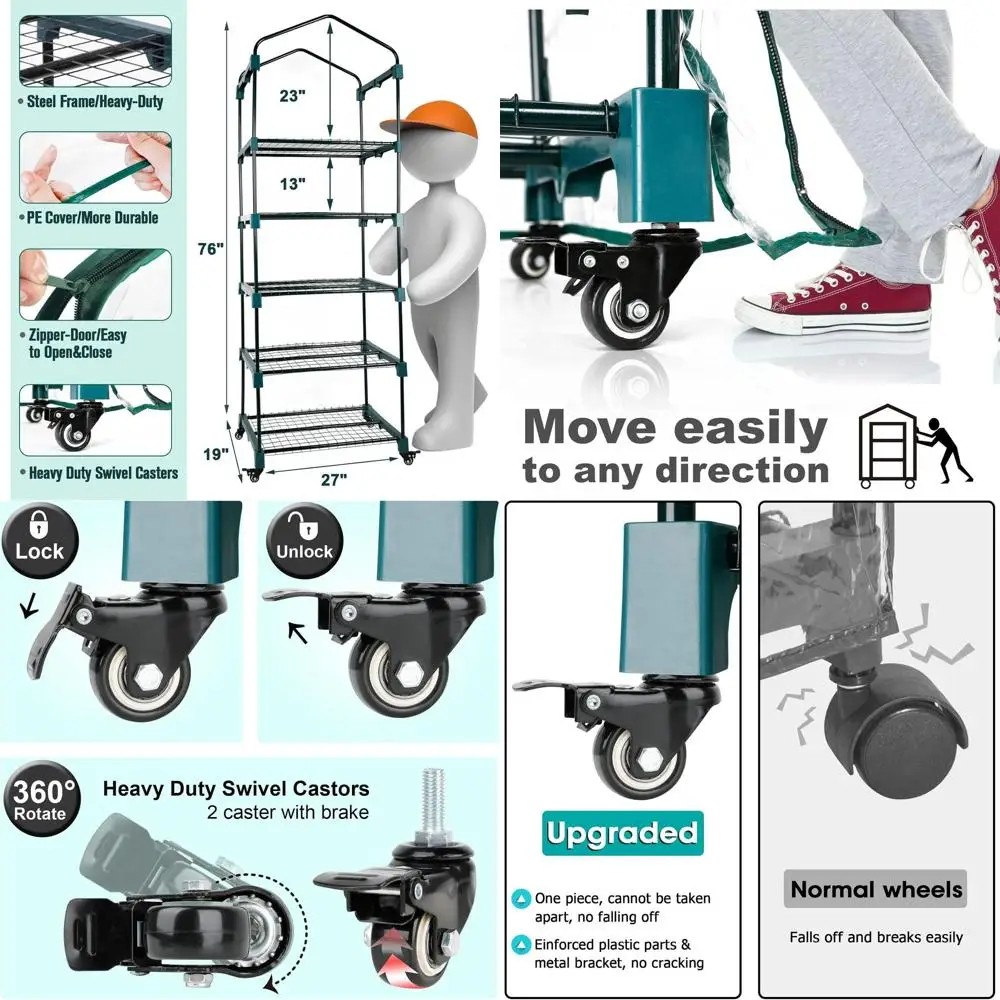 

Portable 5-Tier Mini Greenhouse with Casters - Small Gardening Greenhouse with PVC Cover - Heavy-Duty Swivel Casters with Brakes