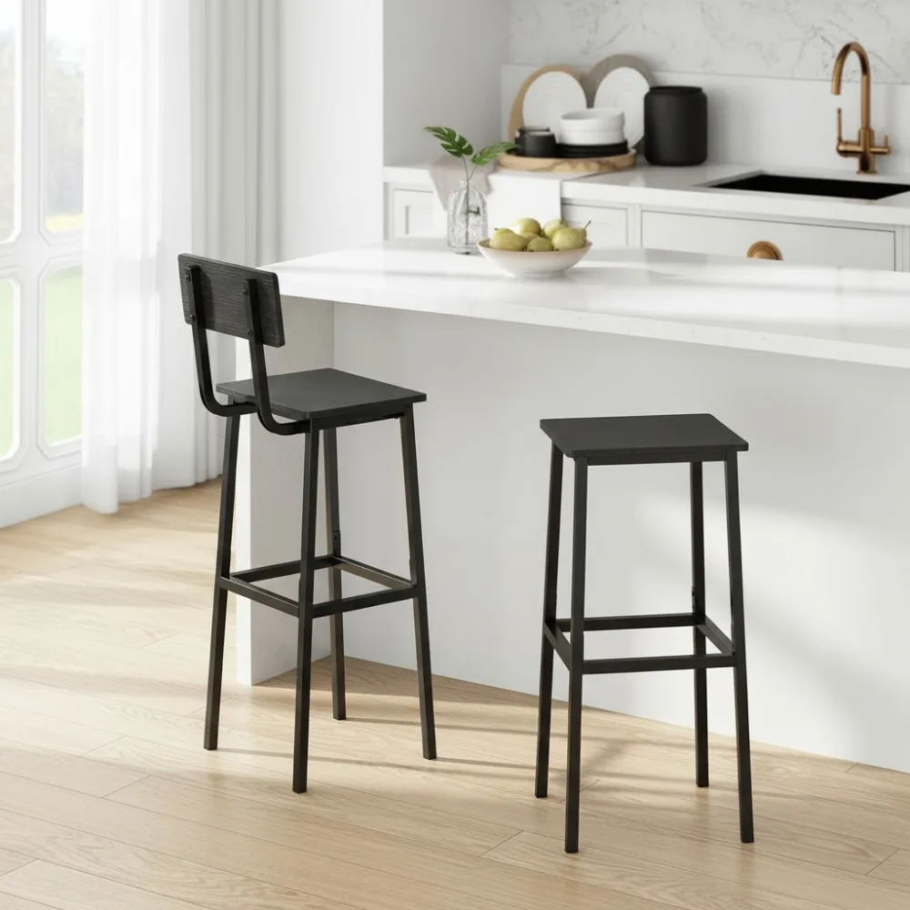 

Industrial Bar Stools Set of 2 with Backrest & Footrest, Counter Height Black Chairs for Kitchen Bar