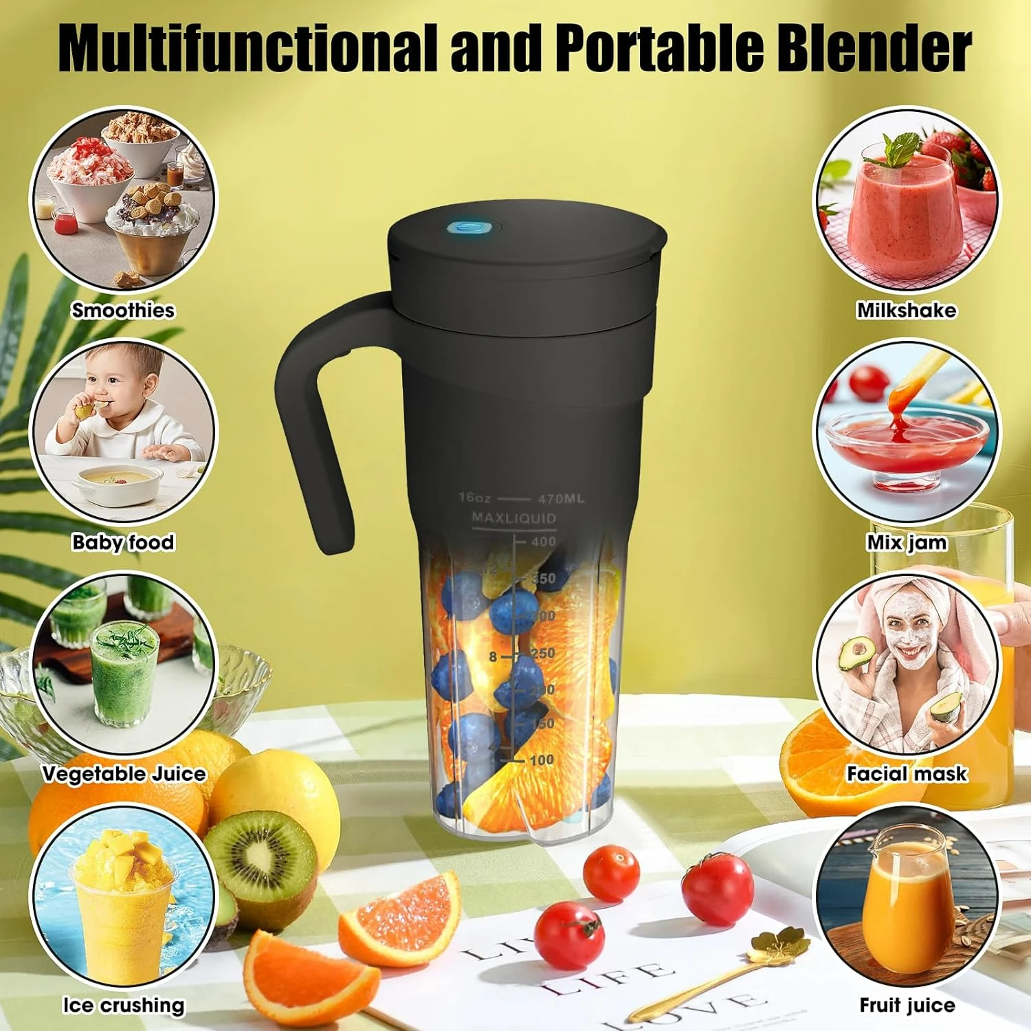 Compact Portable Black Smoothie Maker Blender with 6 Detachable Blades, USB Rechargeable Personal Size 16 Oz Juicer for On-the-G