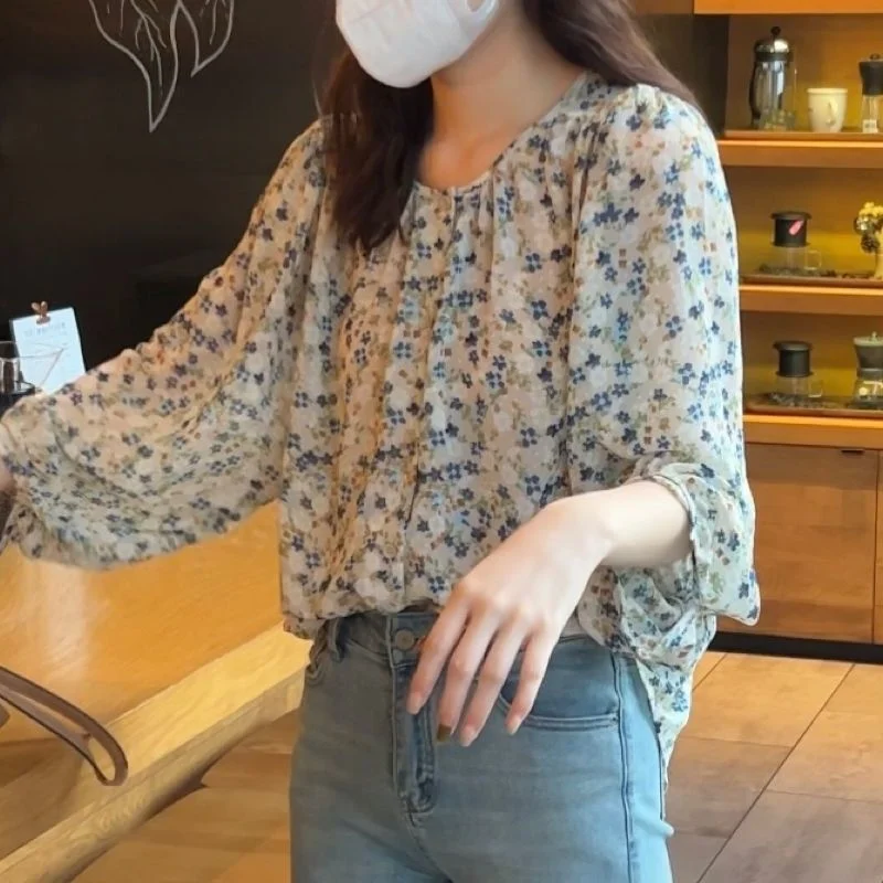 Casual solto bolha sve longo sve chiffon floral impressão irt feminino faion primavera verão novo sle solto ajuste topo