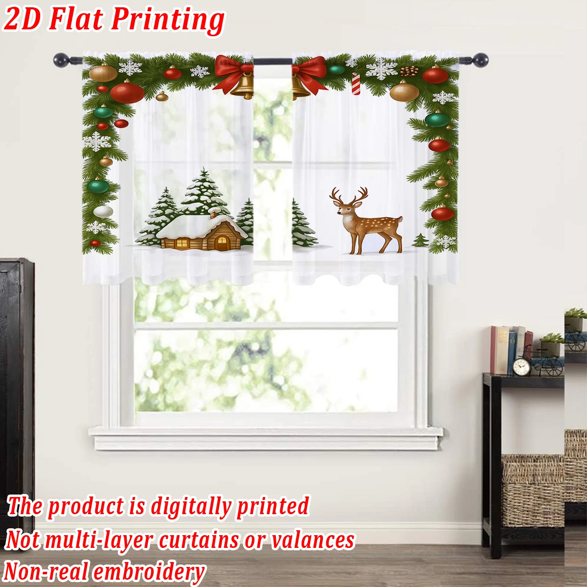 Christmas Flat Printing Kitchen Sheer Curtain with Christmas Trees Reindeer House Snowflake For Christmas Home Decor  Party