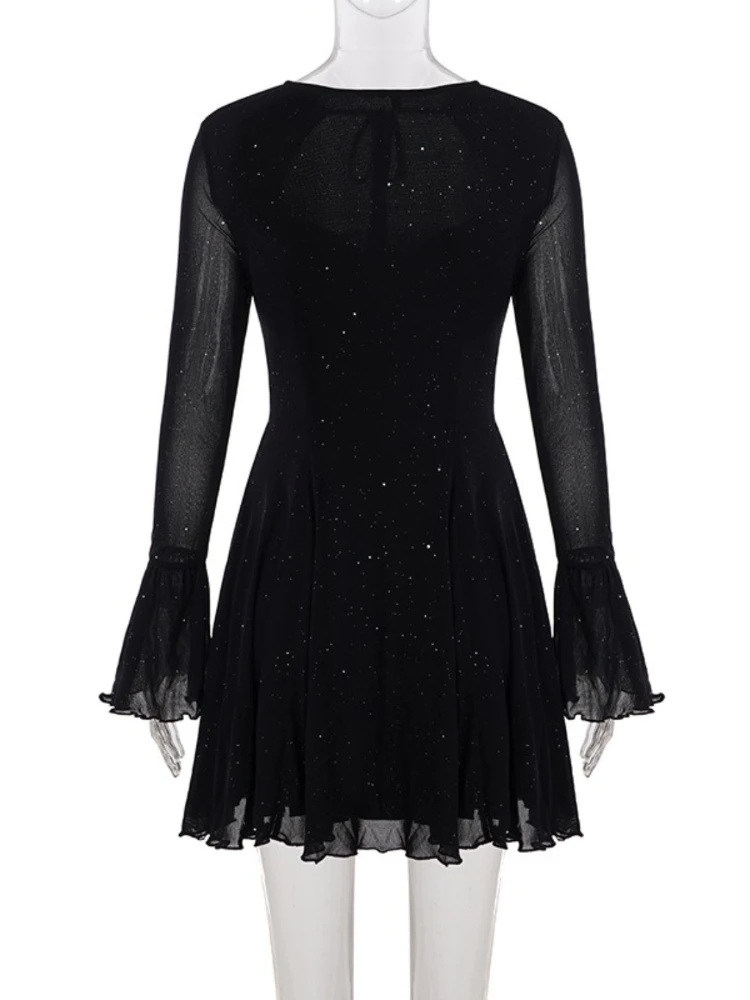 섹시하고 반짝이는 시스루 메쉬 파티 드레스 여성 패션 블랙 타이업 로우컷 프론트 롱 슬리브 A라인 미니 미드나잇 클럽 드레스