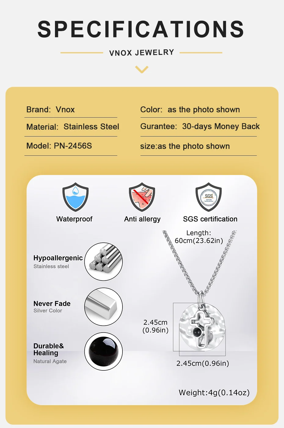 Vnox Herren-Halskette aus gehämmertem Edelstahl, hohler Kreuzanhänger aus natürlichem schwarzem Onyx, Kastenkette, Punk-Religions-Schmuck, Geschenk – Detail 4