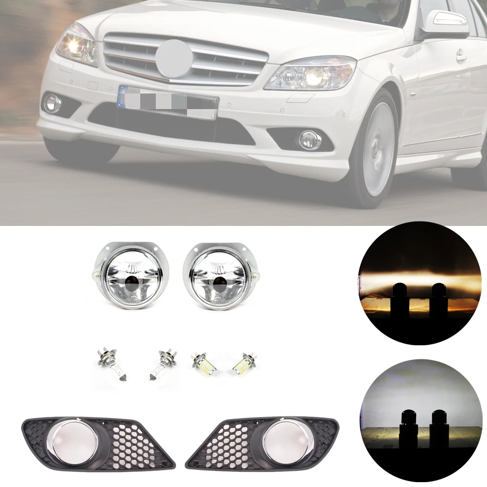 

Front Bumper Fog Light Lamp With Bulbs +Grille Cover For Mercedes Benz C-Class W204 AMG C63 2007 2008 2009 2010 2011