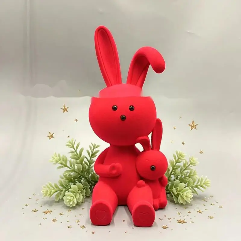 Trendy Flocked Rabbit Resin Ornament Flocking Bunny Sculpture Desktop Craft Decor For Living Room Cabinet Bedroom Gift Figurine