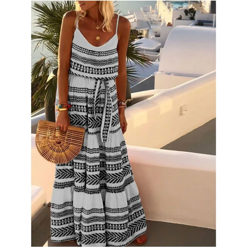 Bohemian Style Print Spaghetti Strap Long Dresses Women V-neck Leace-up Casual Beach Camisole Dress 2024 Summer New Lady Vestido