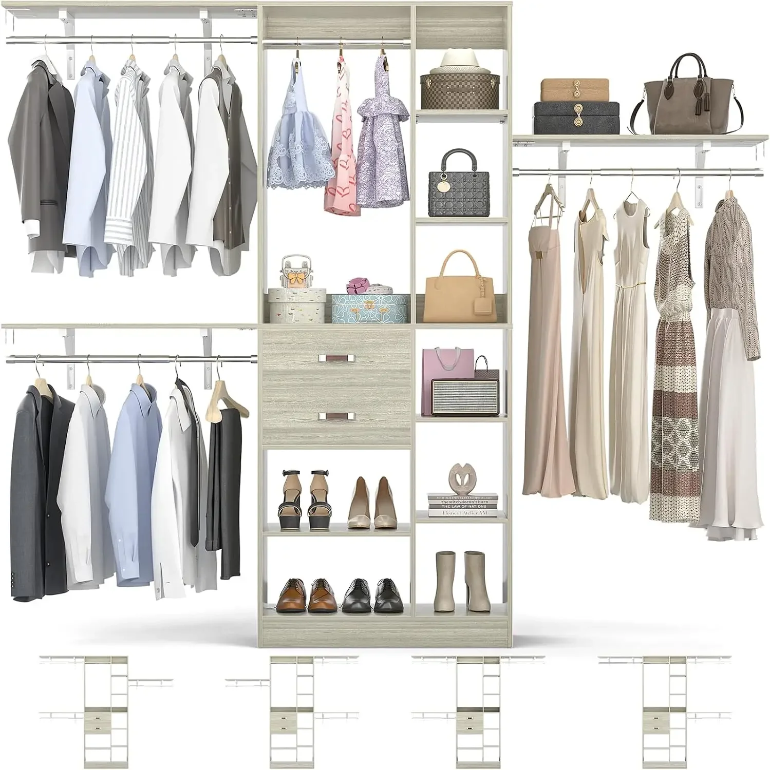 8FT Upgraded Closet System, 96'' Heavy Duty Wood Closet Organizer with 2 Drawers & 4 Adjustable Hanging Rods, Wall Mounted Close