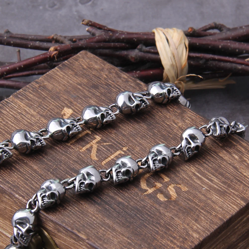 Stainless steel new design men punk skull chain necklace men fashion stainless steel charm bracelet jewelry with wooden box view 4