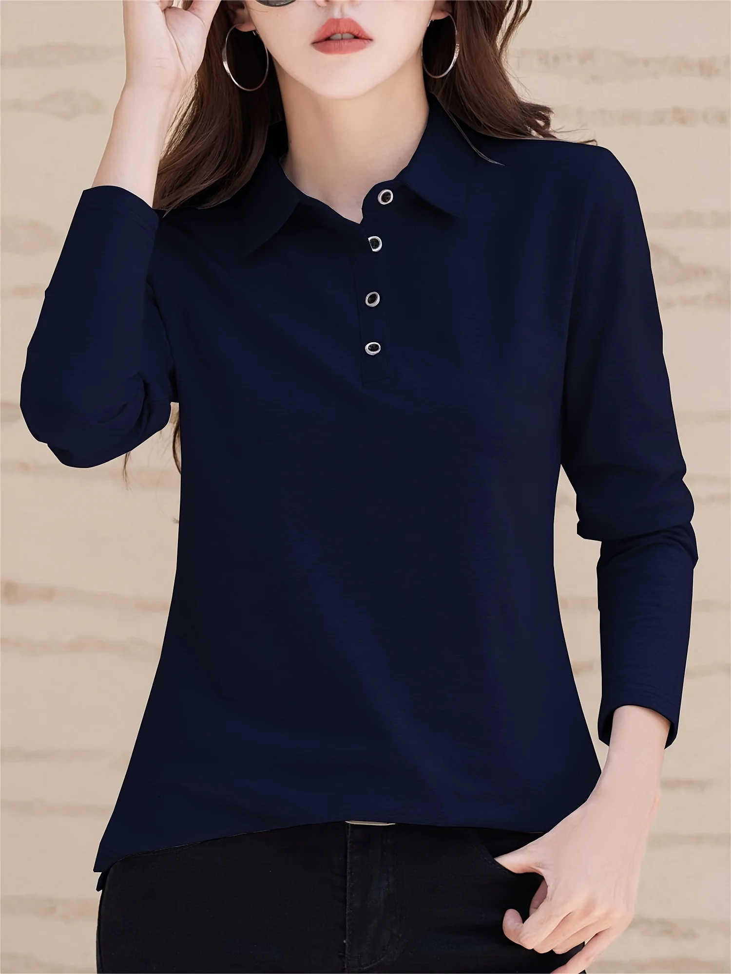Solid Button Front T-shirt, Regular Fit  Versatile Long Sleeve Simple T-shirt For , Women\'s Clothing Comfort Fit Wardrobe Staple
