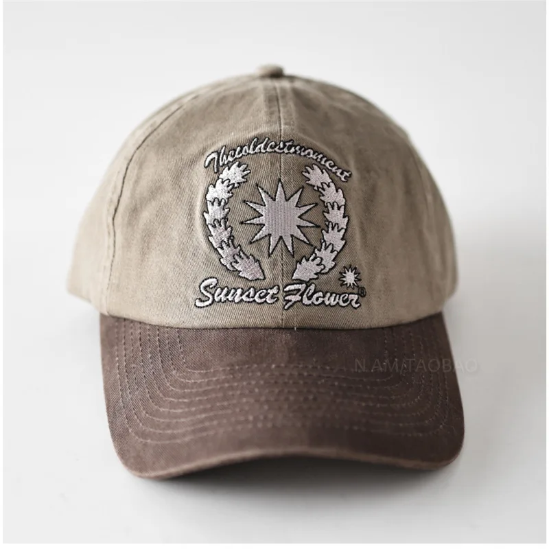 

Vintage Washed Two-Tone Baseball Cap with Sunset Flower Badge Embroidered Casual Unisex Dad Hat for Women and Men