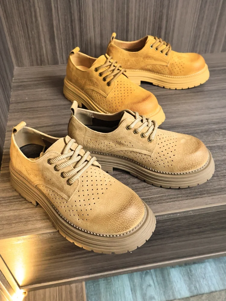 

Retro Boots Breathable Casual Men's Shoes Spring Summer Pierced Thick Bottom British Style Knot Anti-slip Leisure Shoes