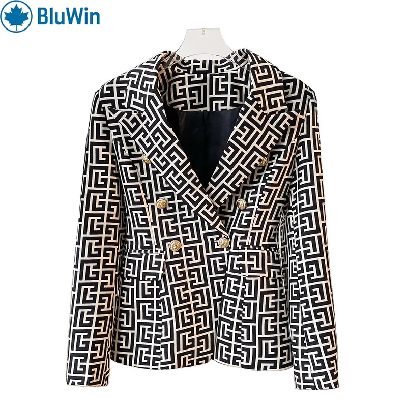 

URBANCHIC Luxury Designer Blazer for Women with Lion Buttons Double Breasted Jacquard Jacket Celebrity Slim Fit Coat