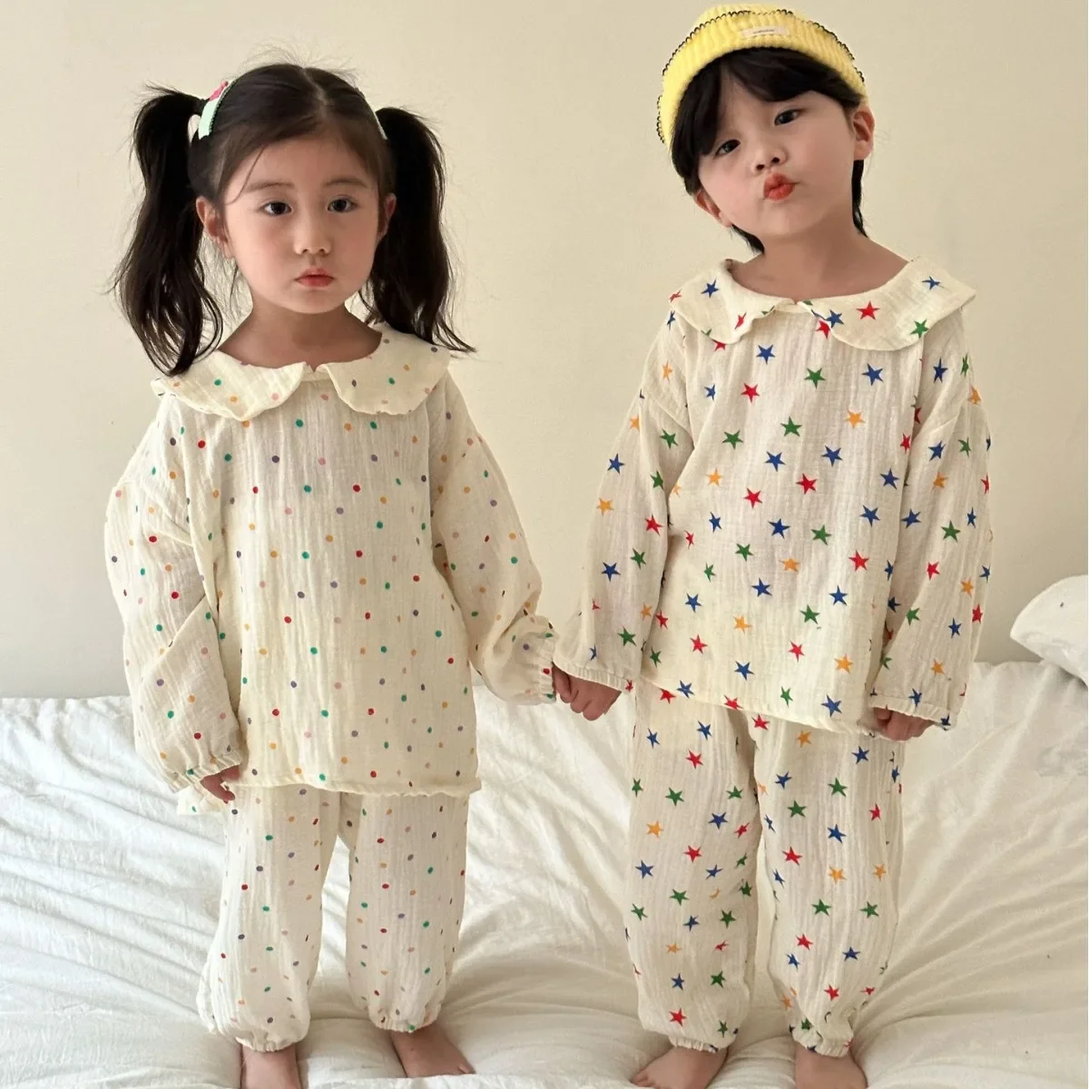 2024 Spring Fashion Children Pajamas Suit Boy Baby Stars Lapel Tops+Pants Pyjamas 2pcs Loose Girl Kid Cotton Dots Sleepwear Set