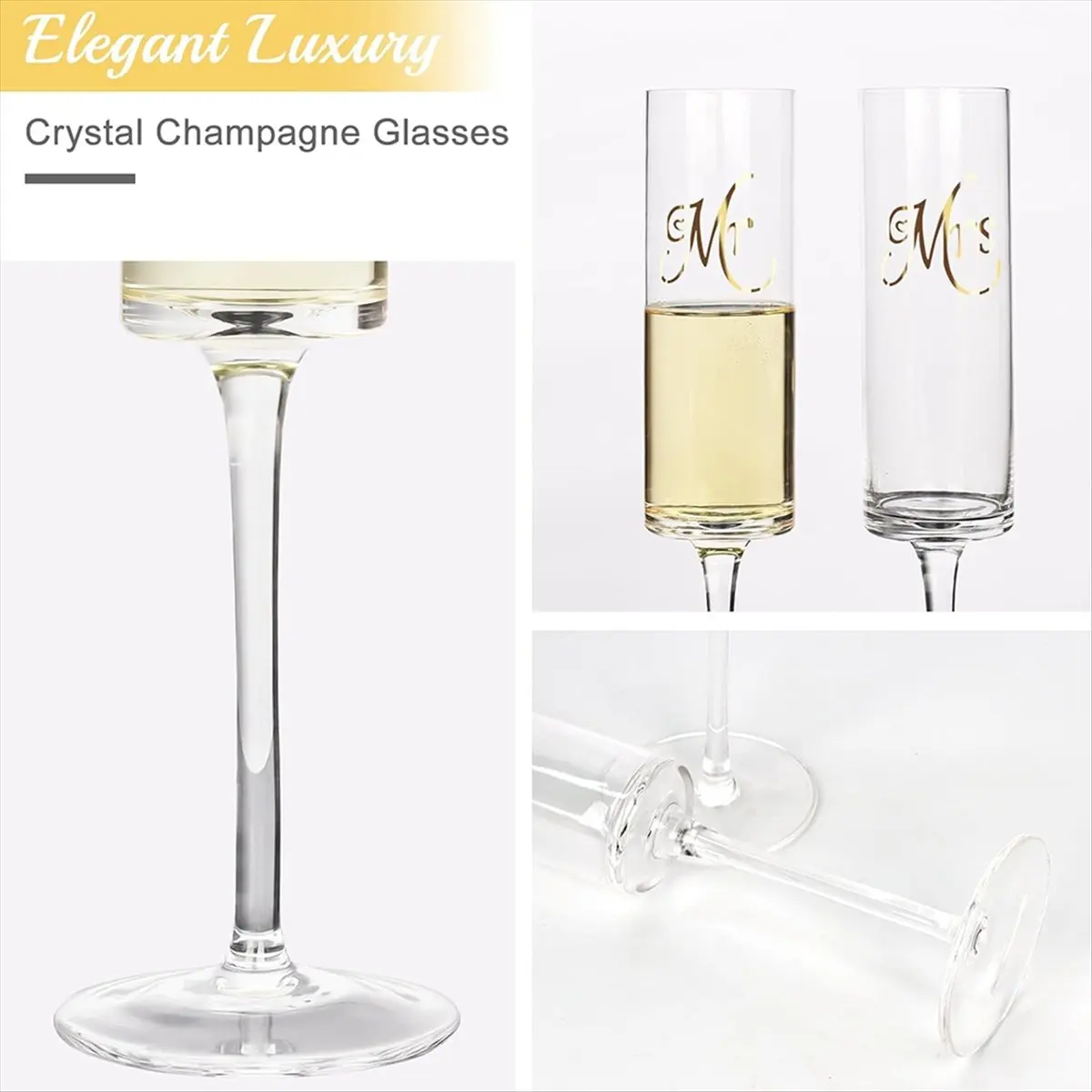ABUA Mr&Mrs Crystal Champagne Flutes Set of 2,Bride & Groom Toasting Glass,Modern&Elegant, Gift for Wedding,Anniversary