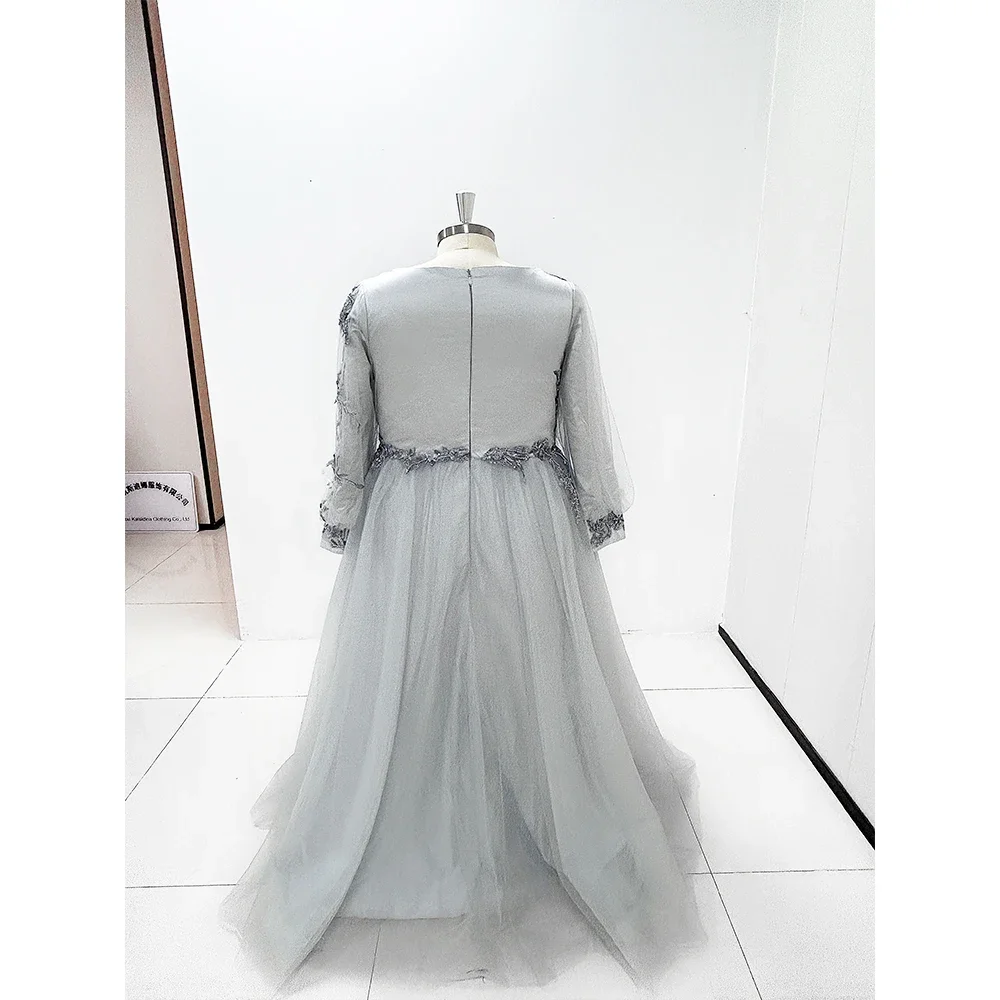 O-Neck  Appliques Grey Women\'s Prom Dresses Plus Size Custom Organza A-Line Dress Long Sleeve Floor Length Gowns for Party