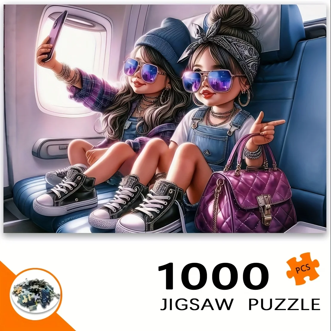 1000-teiliges Puzzle für Erwachsene – Flugzeug-Selfie-Modeschwesters-Szene, lebendige Farben und detaillierte Kunstwerke, tragbare Rectangu
