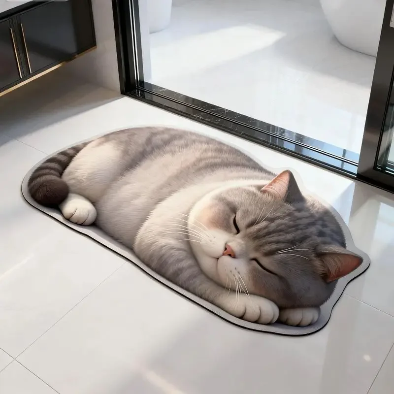 VIKAMA White Kitten Round Face Door Mat Soft Warm Machine Washable Bedroom Non Slip Backing Low Maintenance Mat Home Decor