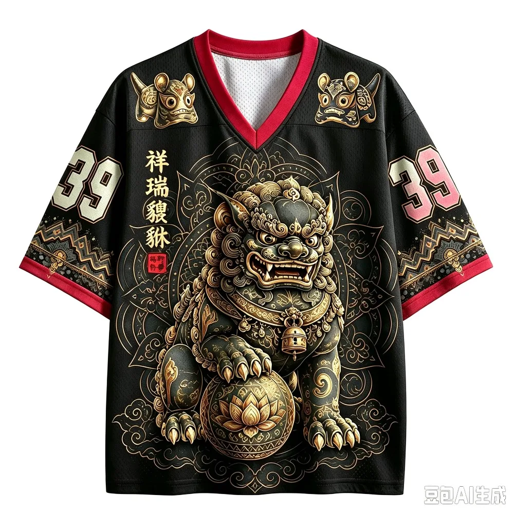 Chinesisches Phönix-Löwen-3D-Druck-Design, lässiges, atmungsaktives T-Shirt mit V-Ausschnitt für Damen und Herren – Y2K Street Hip-Hop Sportliches Oberteil – Detail 3