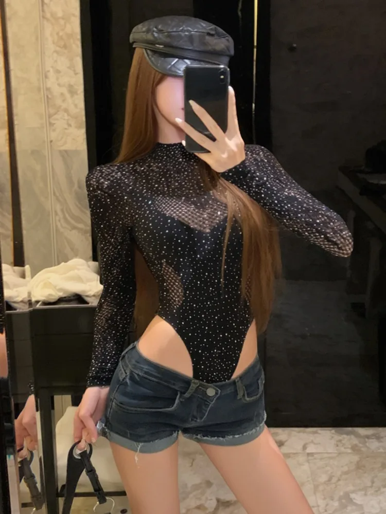 

Sexy Backless Sparkling Diamond Onesie Long Sleeve Women's Base Shirt Autumn Winter New Style Waist Slimming Sexy Spicy Girl