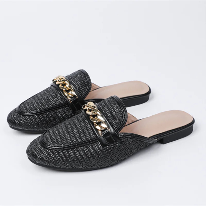 Women Black And White Round Toe Weaving Seam Metal Chain Shoes Wide Fits Mules Slippers Flat Summer Leisure Slides 43 35 Sandals