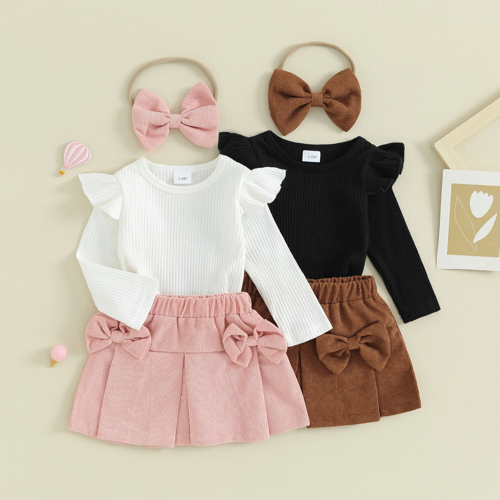 

Baby Girls Skirt Outfits Newborn Flying Sleeve Ribbed Tops and Corduroy Mini Skirt Headband Set Infant Clothes